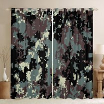 Homewish Rustic Camo Curtains Pack of 2 (42x84 Each),Pixel Geometric Curtains Blackout,Green Brown Black Bedroom Curtains For Boys Kids,Ultra Soft Home Decor
