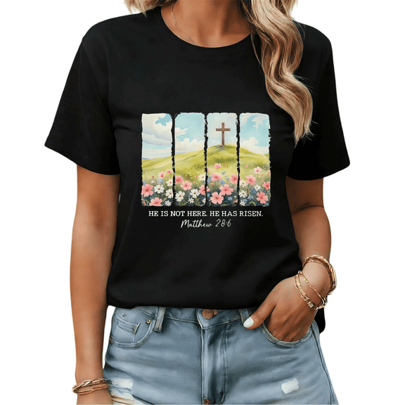 Black Minimalist He Has Risen Cross T-Shirt Graphic Tees Shirts Religious Casual Daily S-5XL Tops