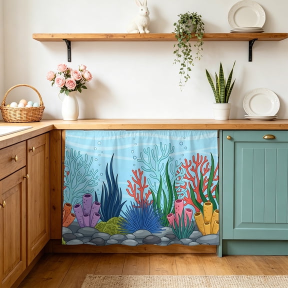Cartoon Ocean Cabinet Curtains 10" W x 11" L, Coral Seaweed Bubbles Stone Summer Under-Desk Privacy Dust Proof Drape Dishwasher Curtain Sink Skirt for Kitchen Closet Bathroom Laundry