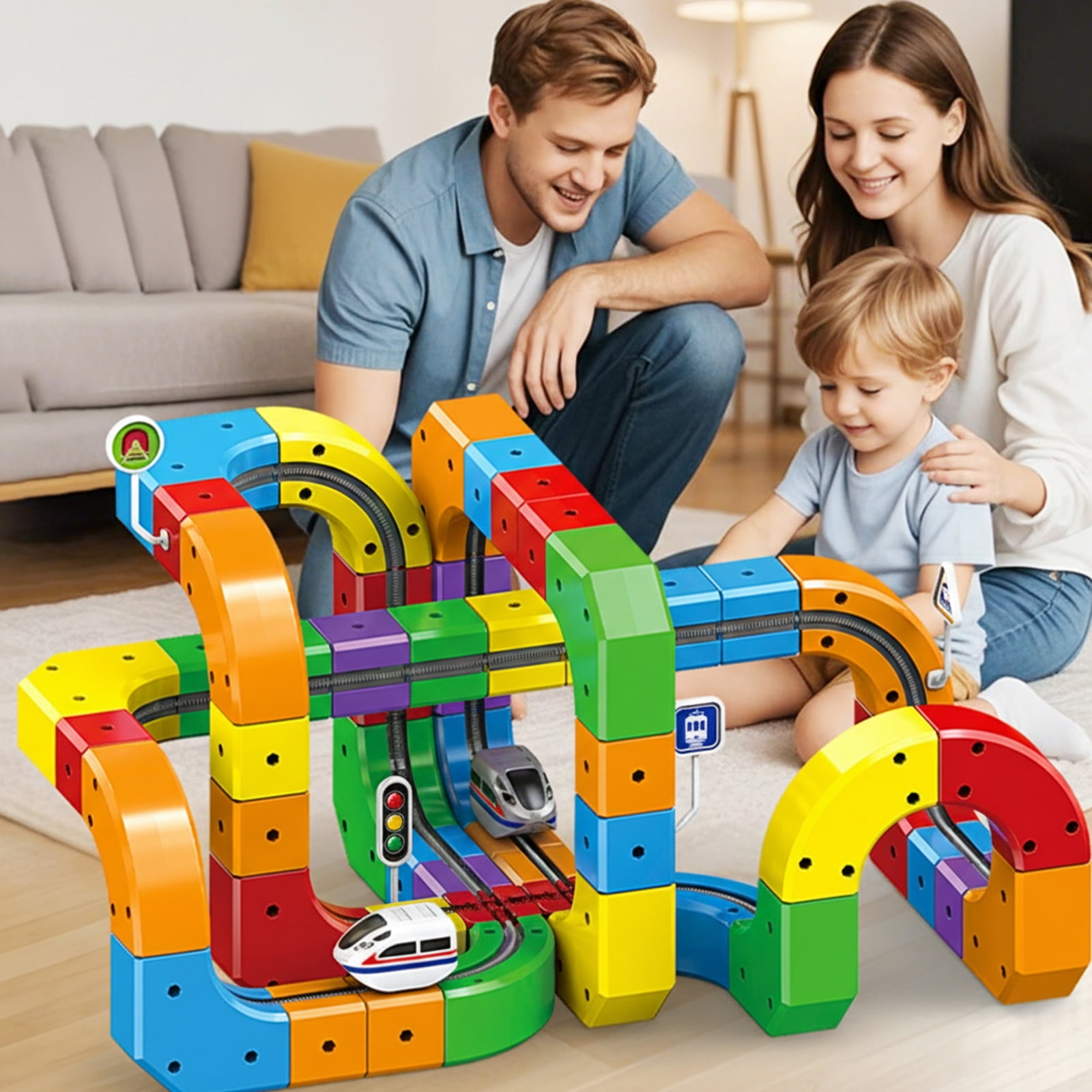 Electric Train Toys Set with 3D Magic Flexible Race Tracks, Snap-On Blocks Building Tracks Set for Boost Creativity and Skills (123 Pcs Random Color)