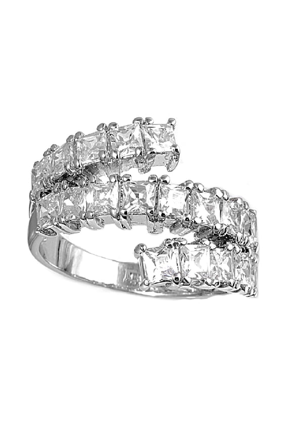 Tri Row Princess Cut Cubic Zirconia Ring Sterling Silver 925 Size 9
