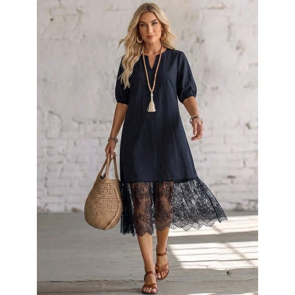Womens Black Lace Hem Boho Casual Short Sleeve Midi Dress