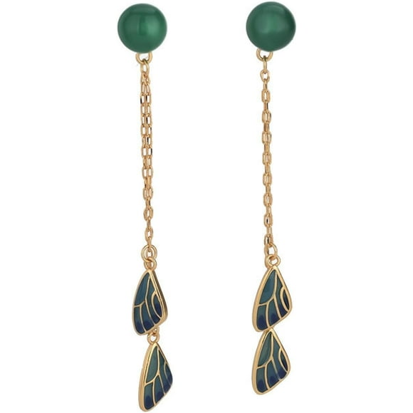 Retro feather burnt blue cloisonné chalcedony long tassel earring earrings ancient costume hanfu with earrings