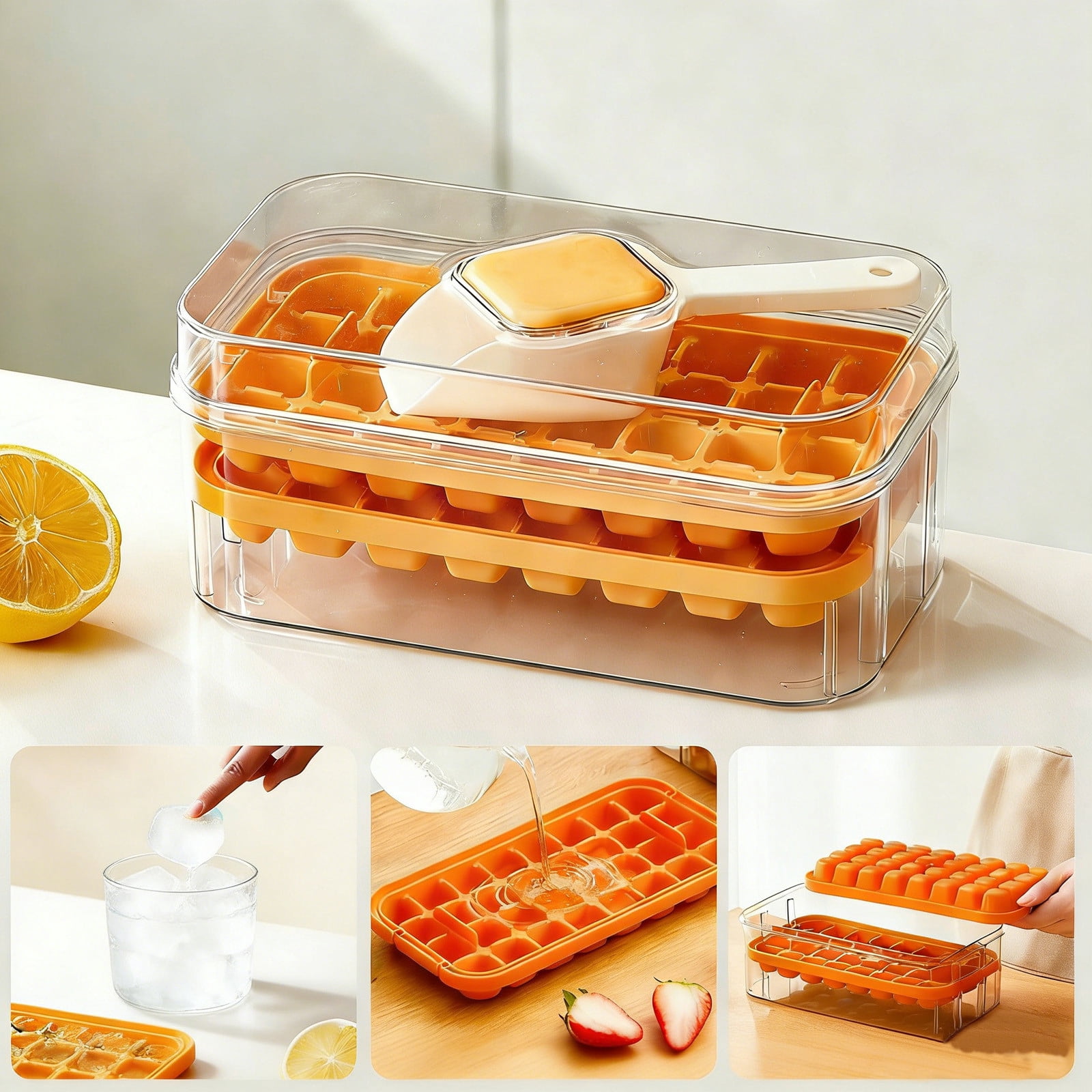 COM1950s Ice Tray with Storage Bin, One Click Release Double Layer Portable Ice Maker with Handle, Large Capacity Ice Container for Summer Home Party