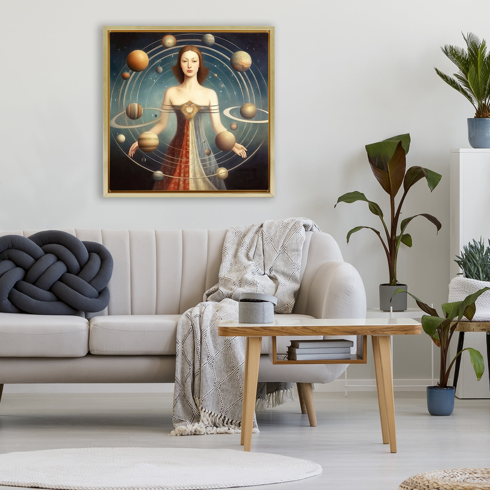 Galactic Orbits Woman Gold Framed Floater Canvas Wall Art, design by Sasha