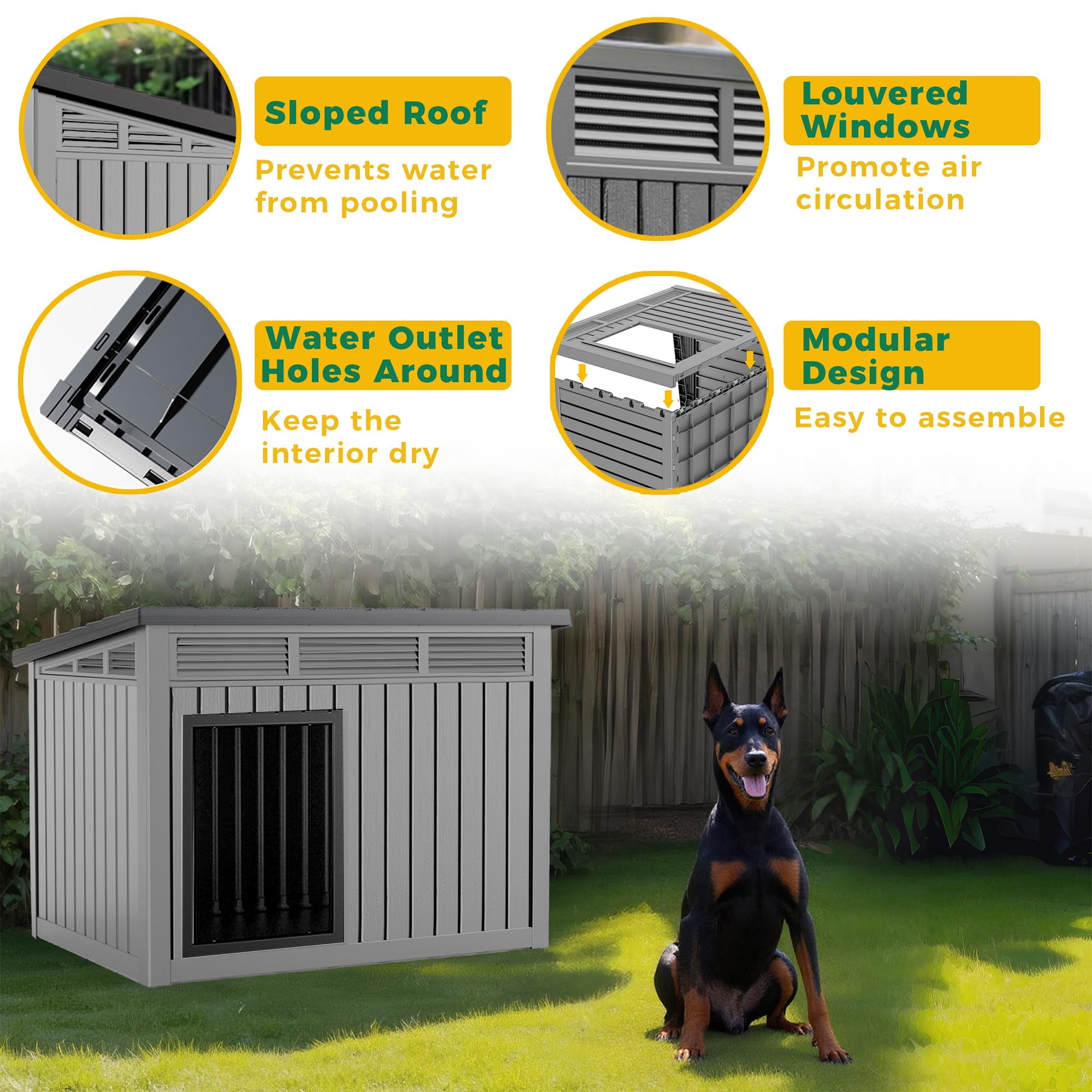 Dog House for Both Indoor and Outdoor with Weatherproof Roof Removable Floors for Medium to Large Dogs Interior Space (Grey&Black, Large )