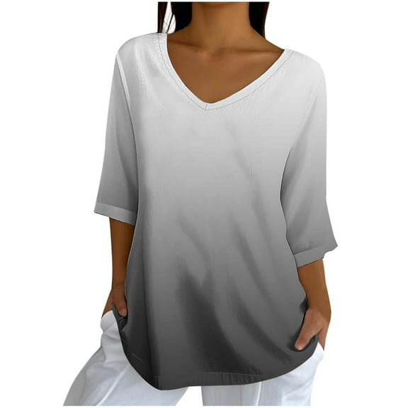 Women's Tops Fashion Casual Print Loose Blouse 3/4 Sleeve V-Neck Blouses Shirts beach vacation clothes for women