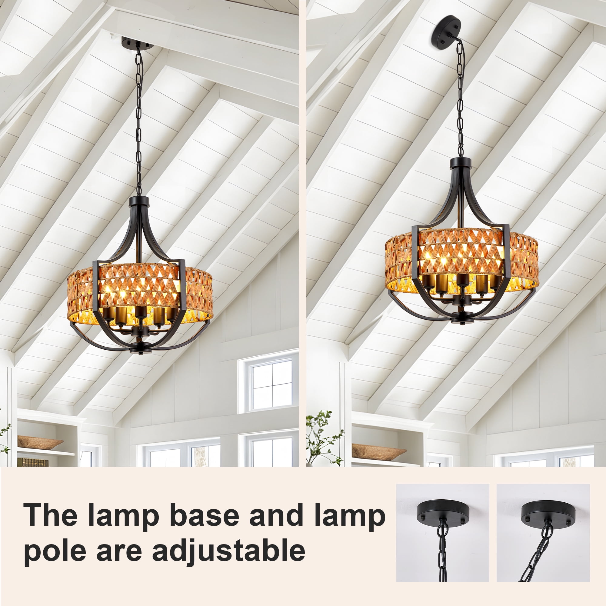 Leumius Rattan Chandelier, 5-Light Boho Chandelier with Natural Woven Reed Shade, Farmhouse Hanging Ceiling Light Pendant Light for Dining Room, Living Room, Foyer, Bedroom Hallway