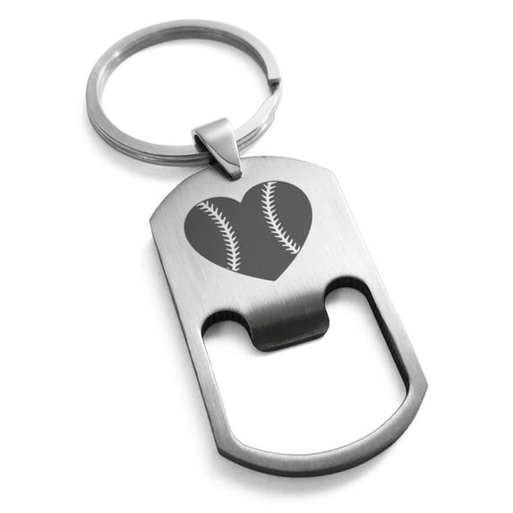 Stainless Steel Love Baseball Heart Engraved Bottle Opener Dog Tag Keychain Keyring