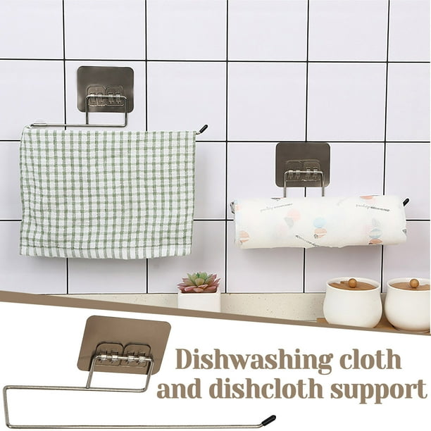 Porta toallas de papel de cocina de acero inoxidable | Montaje adhesivo sin taladros | Inoxidable, acabado cepillado, ahorra espacio, 27 cm | Soporte de trapo de paño de cocina, gancho organizador