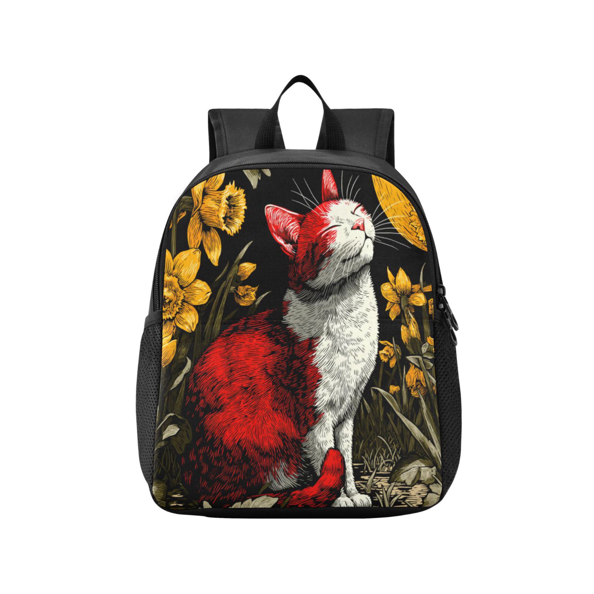 Toddler Backpack Red Cat and Sunflowers Waterproof Lightweight Backpack Casual Mini Daypack for Daycare & Travel