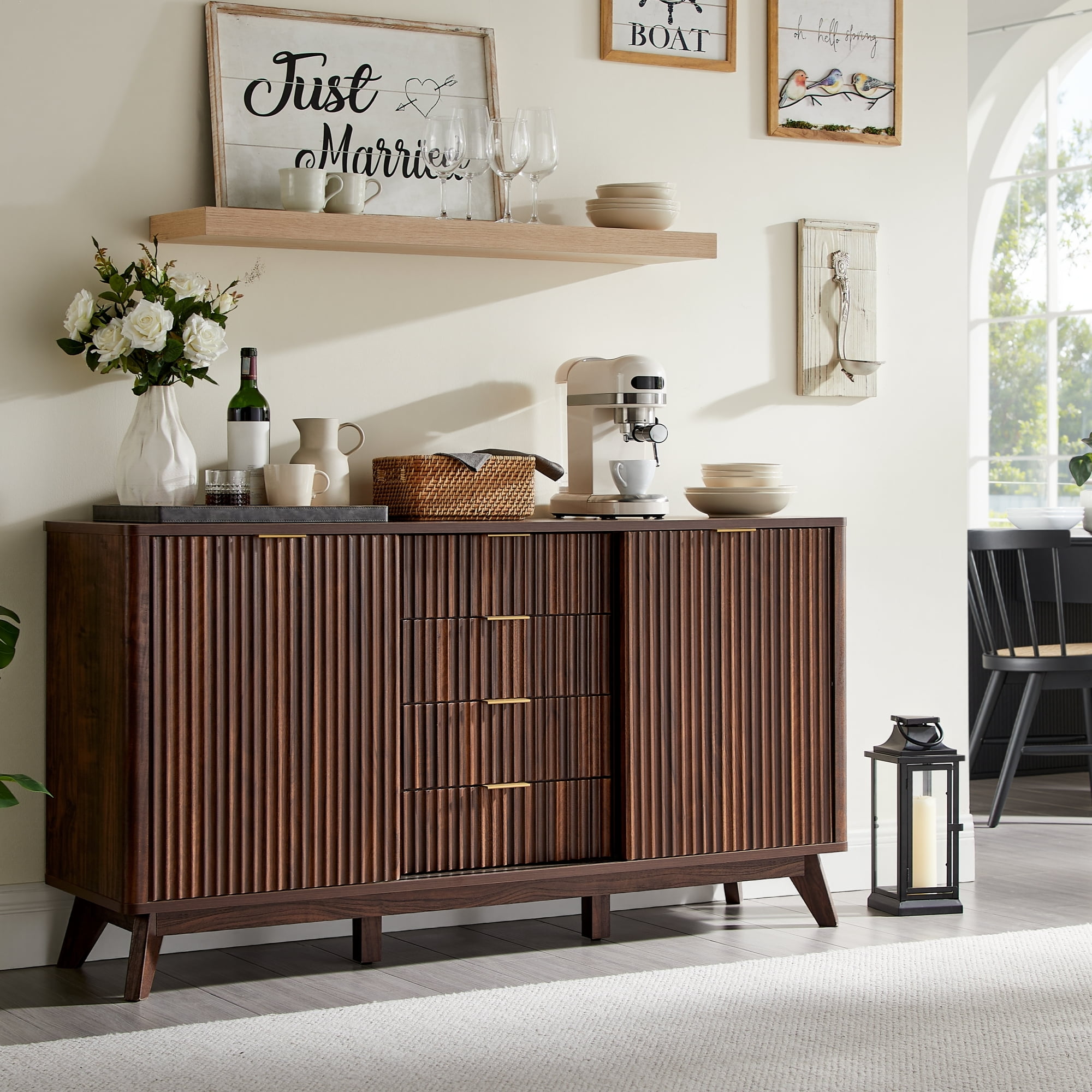OKD 60" Fluted Wood Dresser with Sliding Doors and 4 Drawers, Modern Chest with Faux Marble Top, Chest of Drawers for Bedroom, Living Room, Dark Walnut