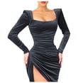 thumbnail image 1 of Gibobby Vestidos para mujer casuales Vestido de terciopelo de manga larga con cuello cuadrado para mujer Vestido dividido plisado delgado sexy(Negro,M), 1 of 4