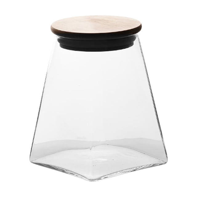 EeaseMX Tanque de almacenamiento de granos geométricos, frasco hermético, lata sellada, contenedor de vidrio para clasificar alimentos con tapa de madera (350 ml)