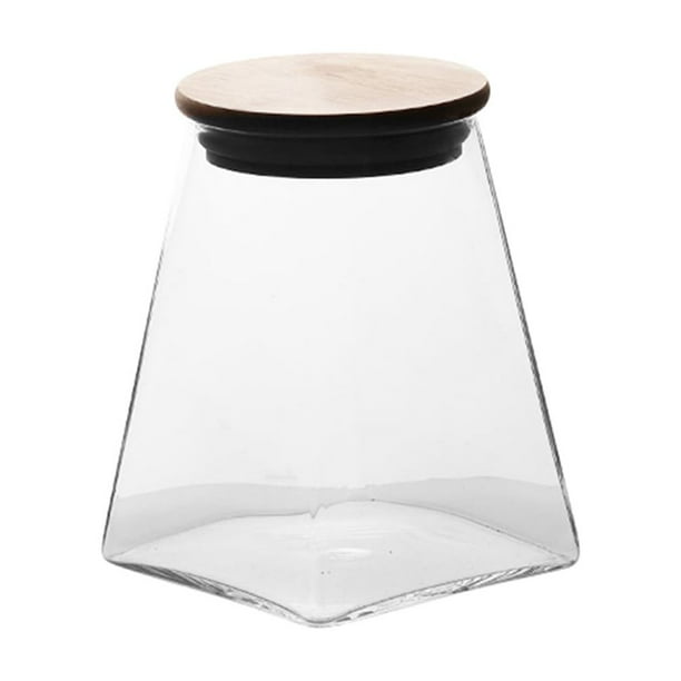 EeaseMX Tanque de almacenamiento de granos geométricos, frasco hermético, lata sellada, contenedor de vidrio para clasificar alimentos con tapa de madera (350 ml)