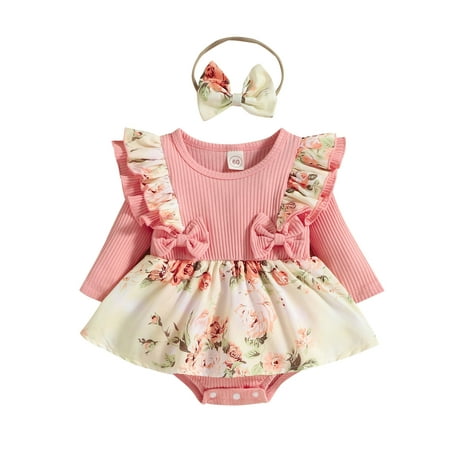 

Infant Girls Ruffles Long Sleeve Ribbed Floral Prints Bowknot Romper Newborn Bodysuits Dress Headbands Set Casual Outfits For 0-3 Months