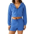 thumbnail image 1 of Seyurigaoka Women 2 Pcs Pants Suit Plain Long Sleeve Hooded Zip-Up Crop Jacket + High Rise Drawstrings Short Pants Ladies Casual Streetwears, 1 of 9