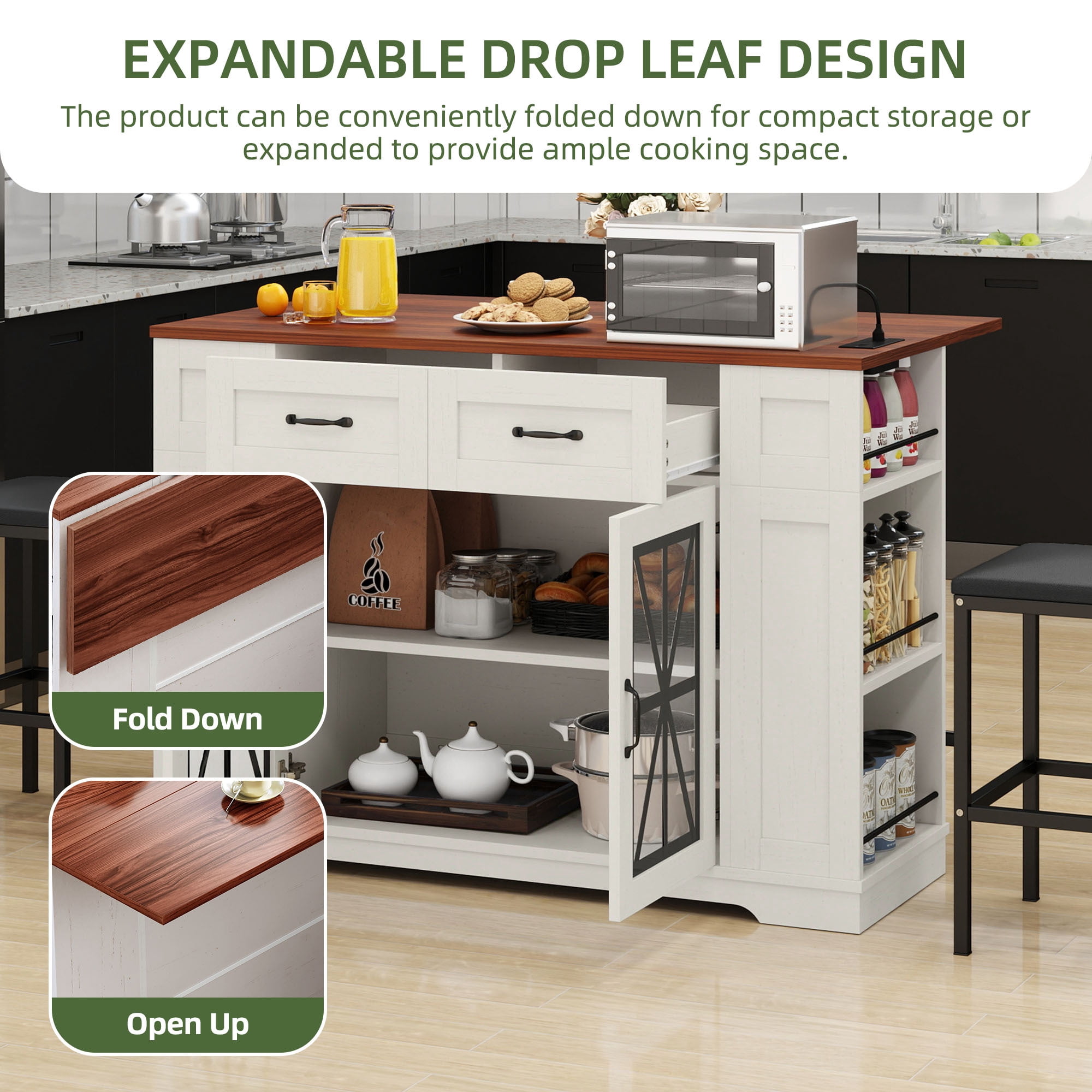 Uforic Kitchen Island Table with Seating & Drop Leaf, Kitchen Island with Storage & Wheels, Off-White