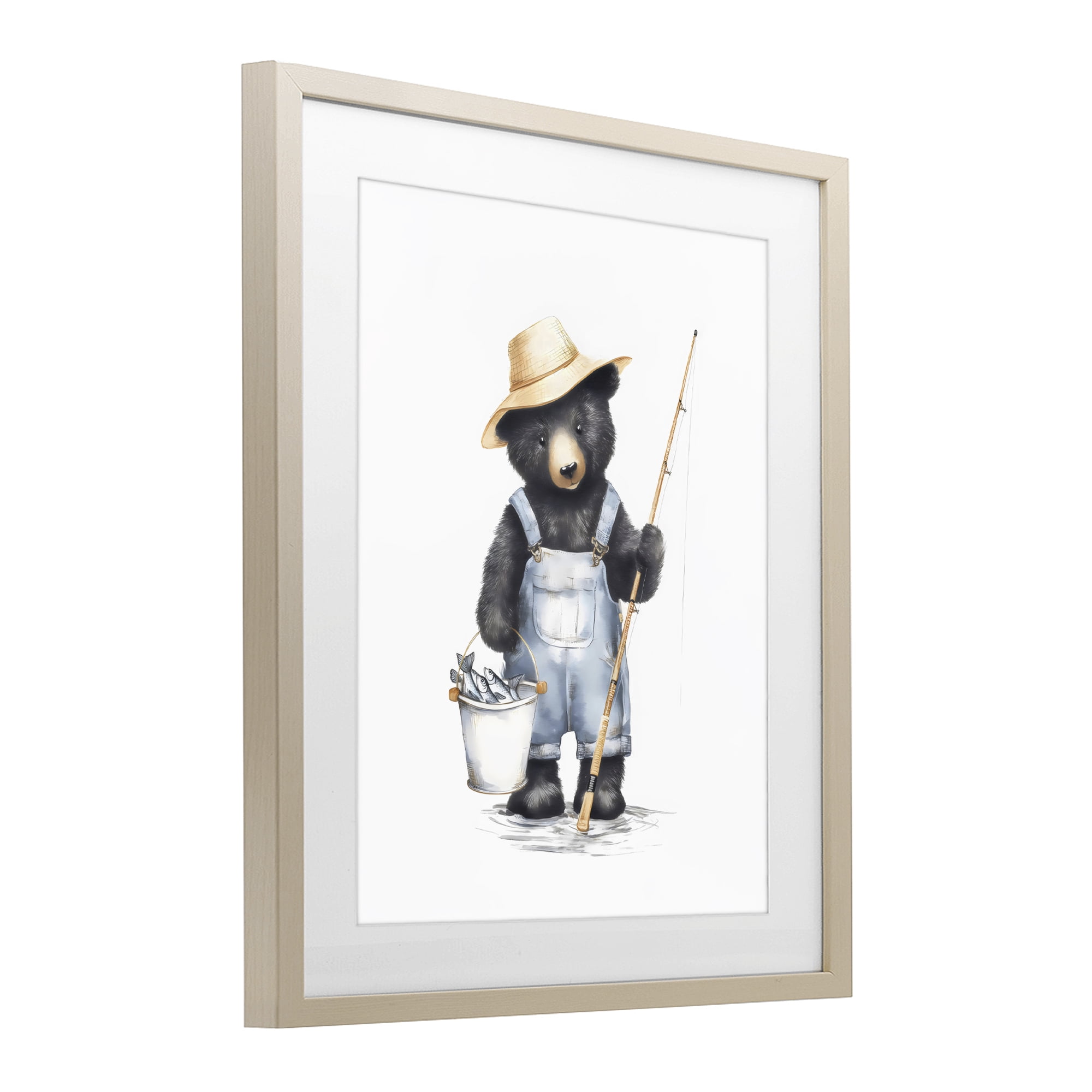 Stupell Industries Fishing Bear in Straw Hat Birch Framed Print Under Glass, design by Arlington Prints