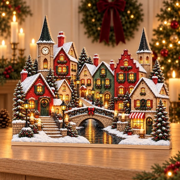 Wooden Block 3 Layer Candlelight Christmas Village Tabletop Display for Holiday Gifting