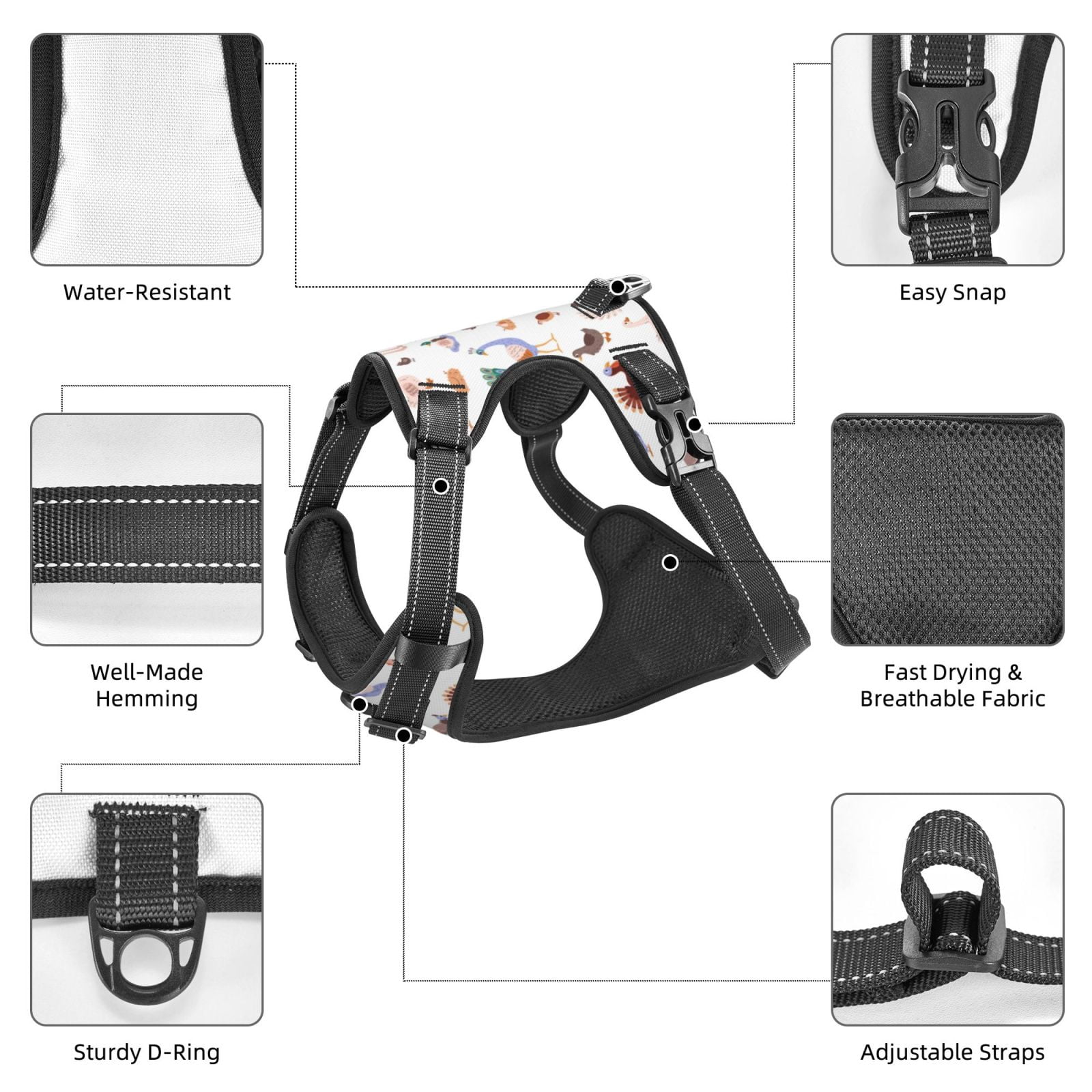 Fuzoiu Farm Birds Goose Print Reflective Dog Harness,Adjustable, Breathable Pet Vest,Dog Harness No Pull,No Choke Pet Vest for Small, Medium, and Large Dogs-Small
