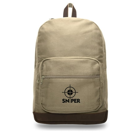 Snipers Scope Canvas Teardrop Backpack with Leather Bottom Accents, Khaki &