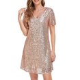 thumbnail image 2 of Daiosportswear Women'S V Neck Sequin Sparkly Short Sleeve Tunic Tshirt Dress Loose Glitter Cocktail Party Mini Dress,Women'S Short-Sleeved Dress Gold 10(XL), 2 of 7