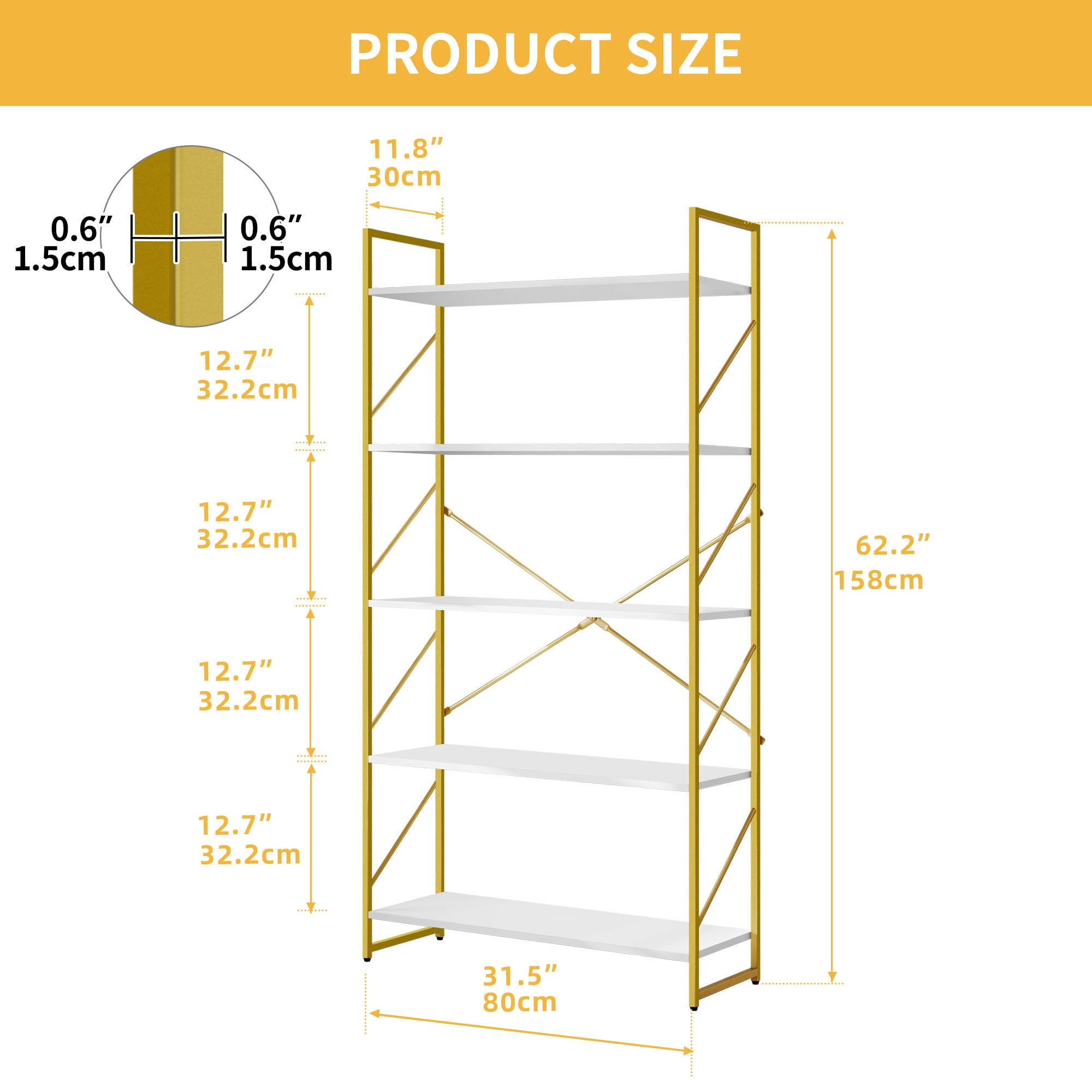 Dextrus 5-Tier Bookshelf, Gold Bookcase, Industrial Freestanding Book Shelf Modern Open Display Storage Organizer Book Shelves for Bedroom, Living Room and Home Office, Gold and White