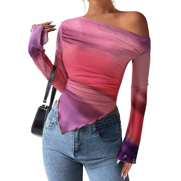Blusa PRETTYGARDEN Mujer Hombros Descubiertos Y2K Tie Dye de Malla