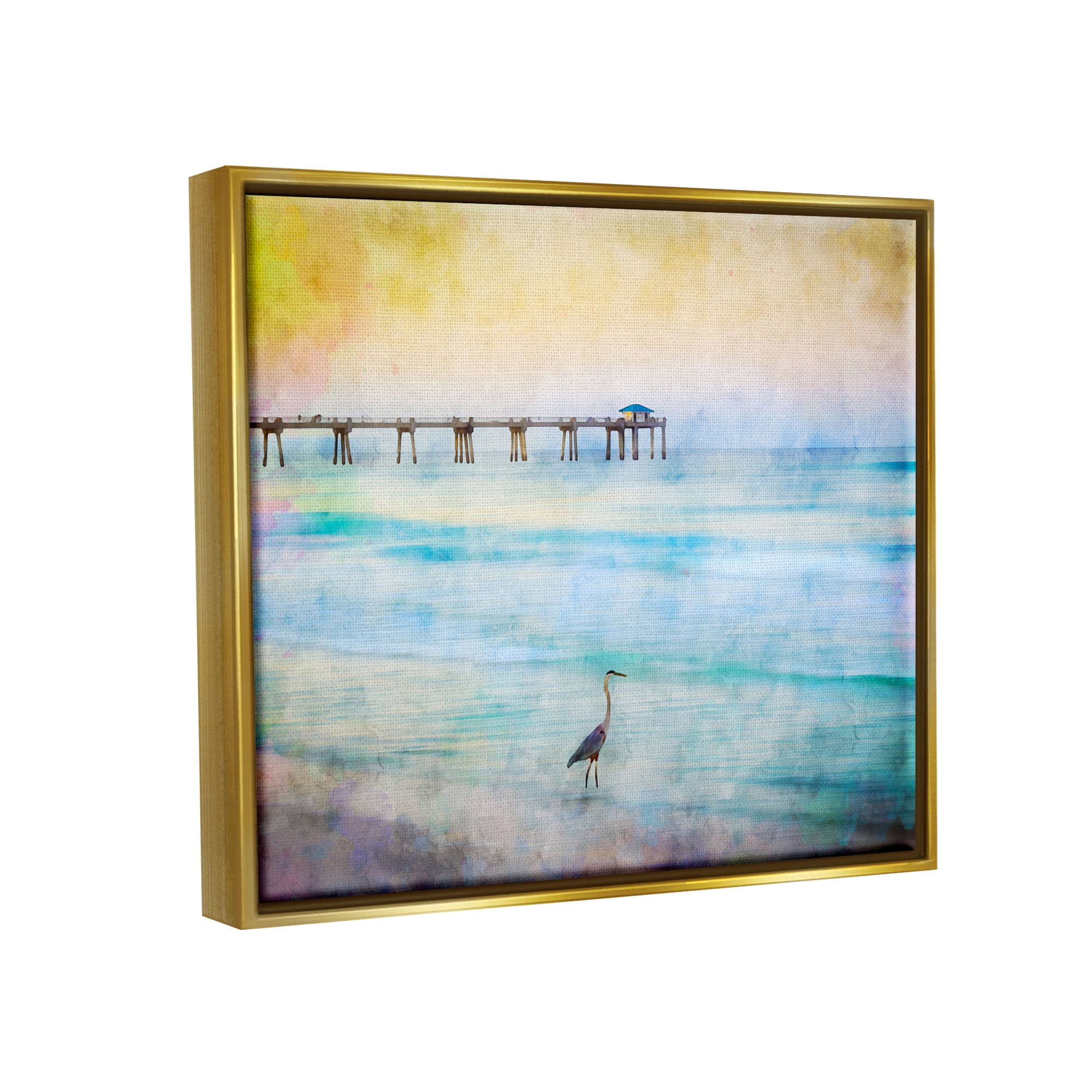 Stupell Industries Abstract Heron on Shore Animals & Insects Painting Gold Floater Framed Canvas Art Print Wall Art, 31 x 25