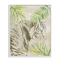 Stupell Industries Tiger Impression & Palms Animals Painting White Framed Art Print Wall Art, 11 x 14