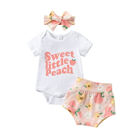 

Qtinghua Infant Baby Girls Summer Clothes Newborn Shorts Set Letters Print Tops Peach Print Shorts 3Pcs Outfits