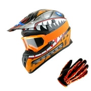 1Storm Adult Motocross Helmet BMX MX ATV Dirt Bike Downhill Mountain Bike Helmet SC09S Monster Shark Orange; + Goggles + Skeleton Orange Glove Bundle