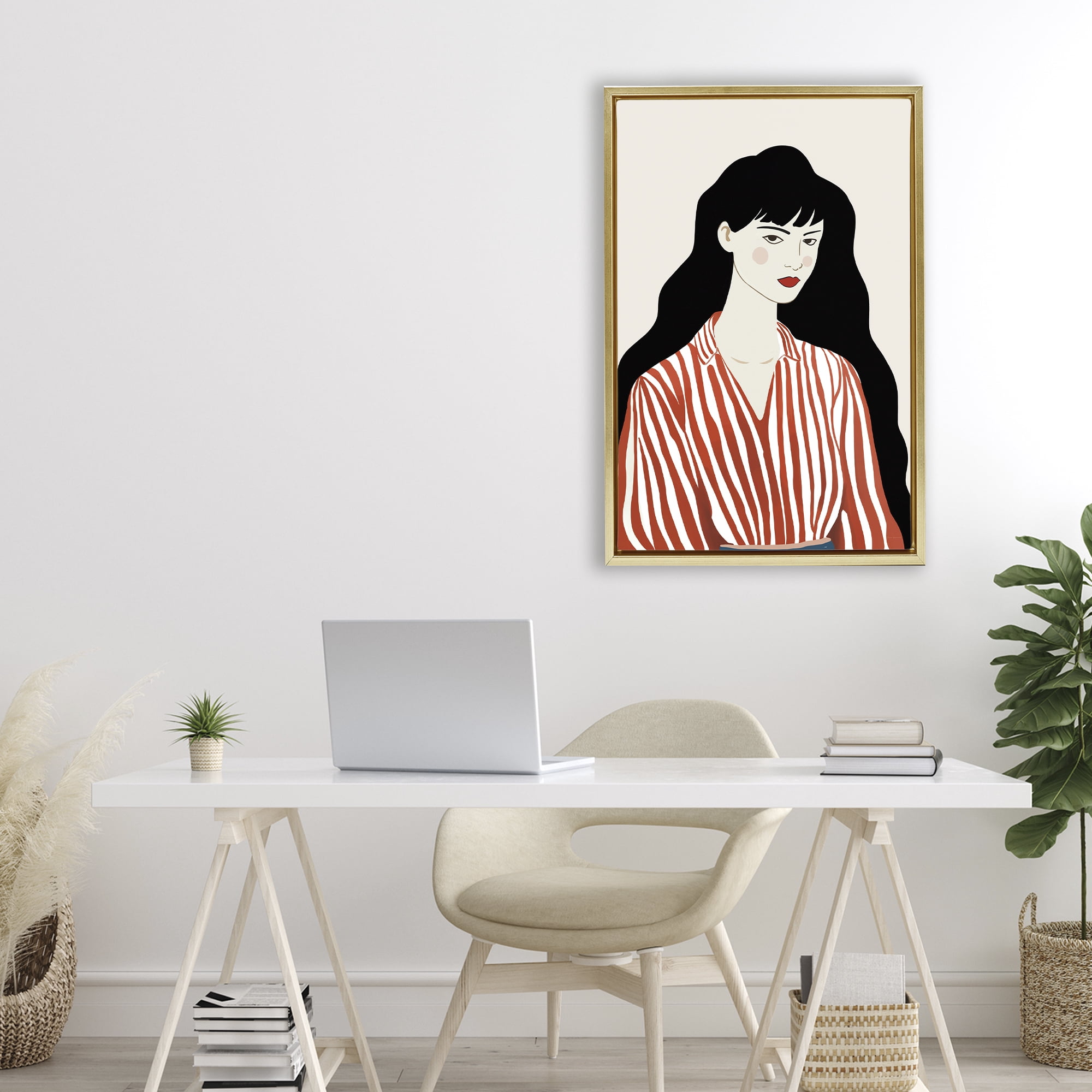 Stupell Industries Woman in Striped Blouse Gold Framed Floater Canvas Wall Art, design by Omar Escalante