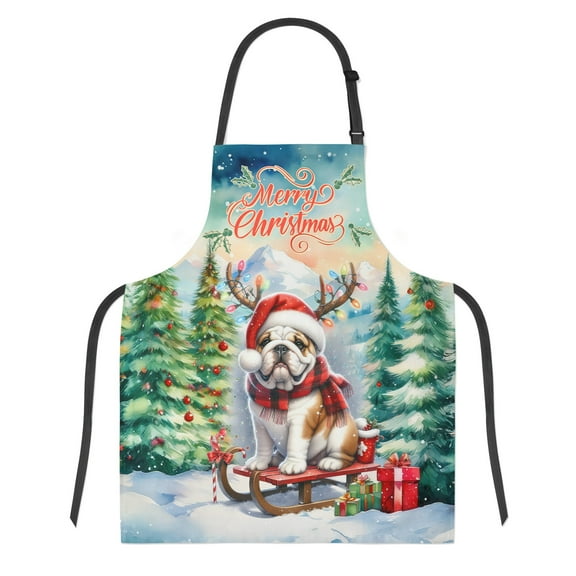 Merry Christmas Santa Reindeer Antlers Bulldog Sleigh Xmas Winter Holiday Apron Dog Lover Gifts Idea for Cooking Grilling Baking Painting Gardening - 00023