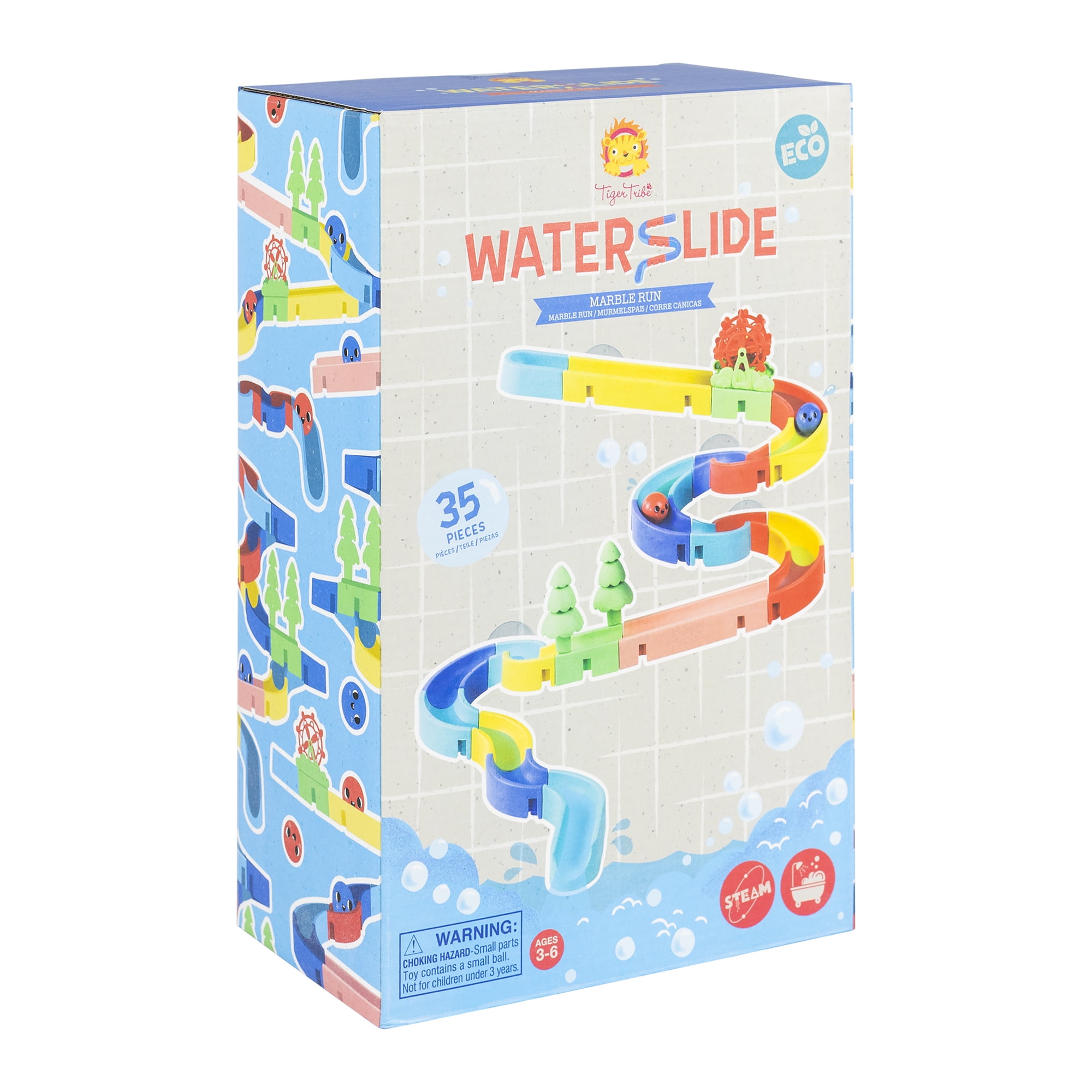 Tiger Tribe Waterslide Marble Run - Interactive ECO Bath Toy with 25 Configurable Pieces & Suction Cups, Fun for Kids, STEM Learning, 2 Balls Included