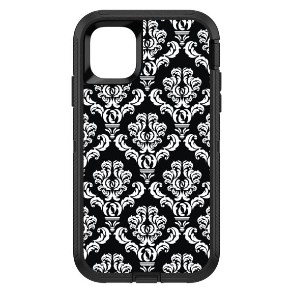 DistinctInk Custom SKIN / DECAL compatible with OtterBox Defender for iPhone 11 (6.1" Screen) - Black White Damask Pattern - Floral Damask Pattern