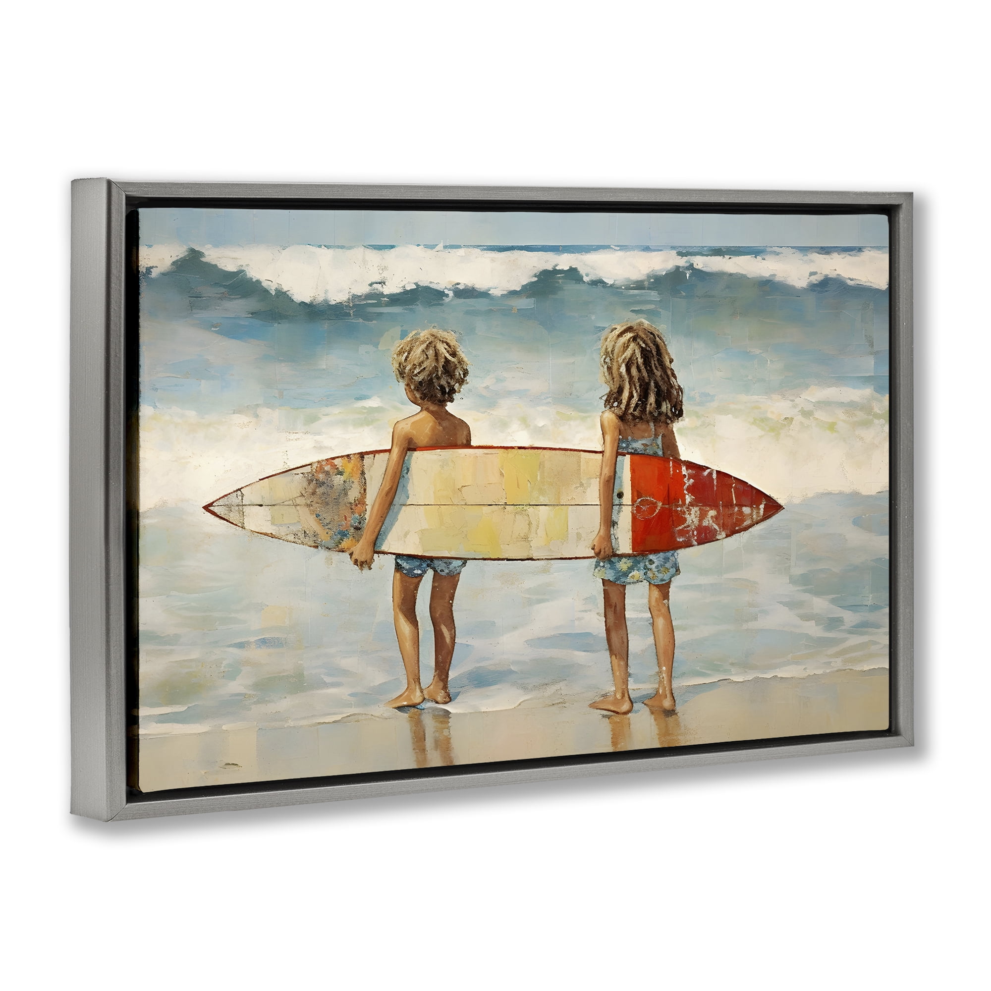 Stupell Industries Kids with Surf Waves People Painting Gray Floater Framed Canvas Art Print Wall Art, 31 x 21