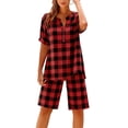 thumbnail image 1 of TaTaai Women's Summer Casual Cotton Linen Plaid V-Neck Button Short Sleeve Top and Drawstring Shorts Two Piece Set Loose Fit Comfortable Breathable Daily Outfit Gift, 1 of 8