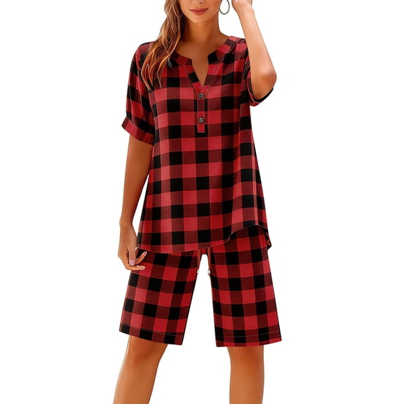 Amzcrzy Lounge Sets for Women with Button Casual Loose Solid Color Womens Summer Outfits Notched Neck Short Sleeve Tops Short Pant Suit Comfy Linen Elastic Drawstring Pajama Sets S