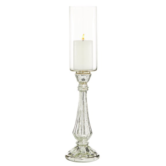 DecMode Silver Glass Handmade Turned Style Pillar Hurricane Lamp with Faux Mercury Glass Finish