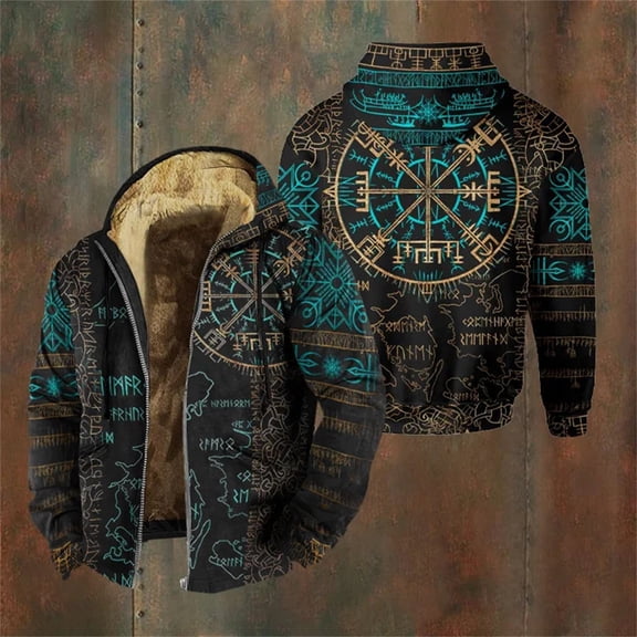 Fleece Jacket Men Vintage Viking Graphic Sherpa Zip Up Heavy Warm Fleece Lined Coats (Black XXL)