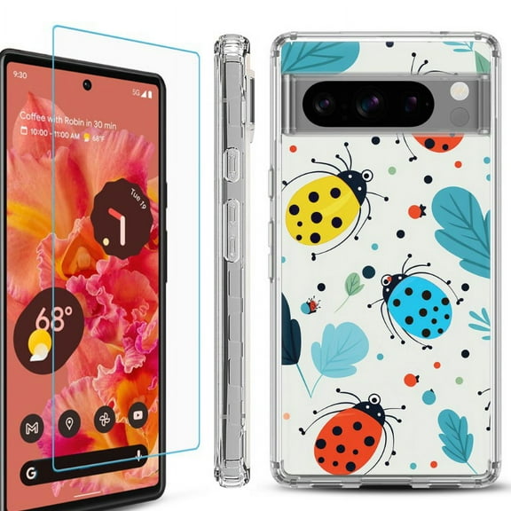 OneToughShield ® Compatible with Google Pixel 8 Pro, Shockproof Phone Case, with Tempered Glass Screen Protector - Ladybug Mix