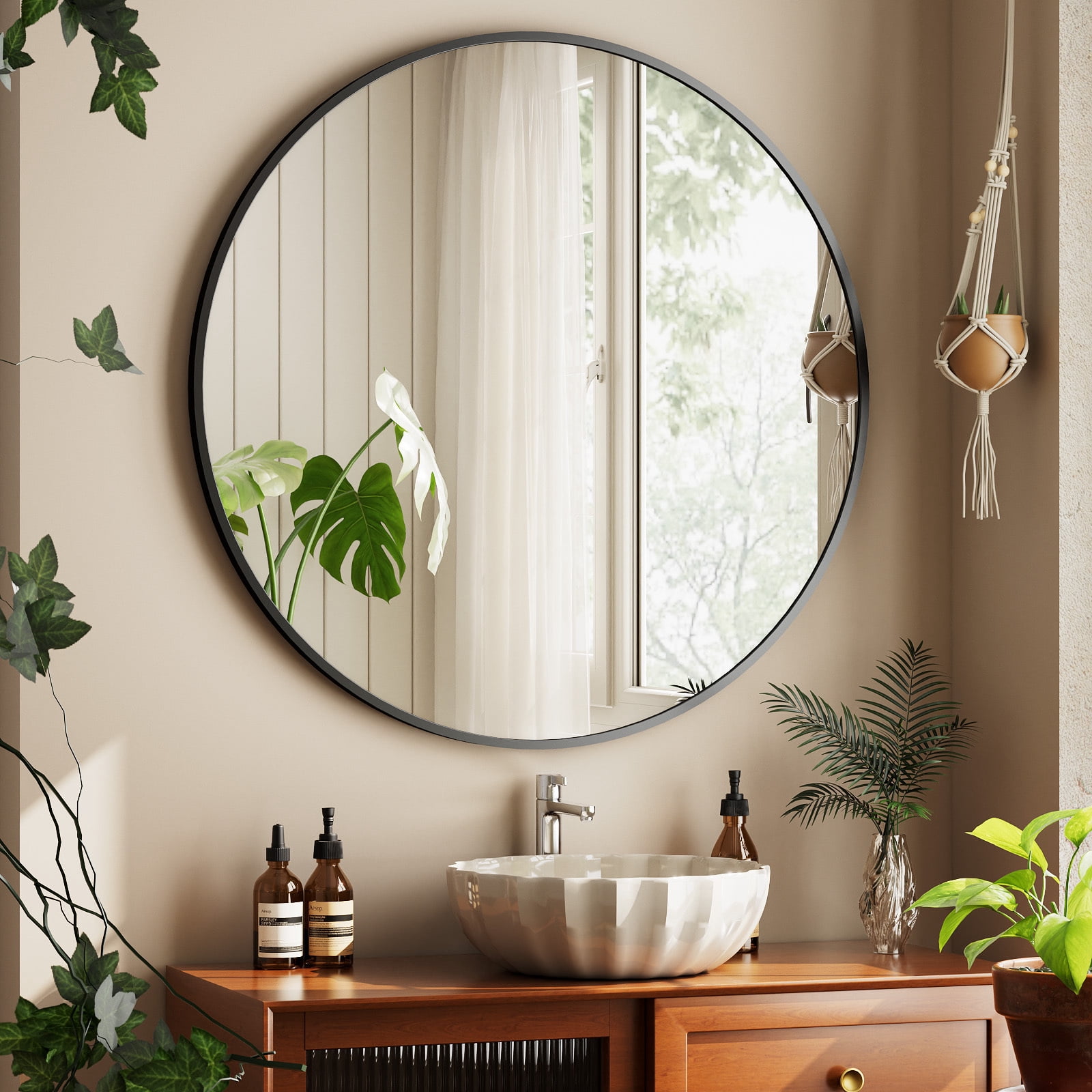 Mirstory 28" Bathroom Mirror Round Wall Mirror Vanity Mirror with Metal Frame, Black