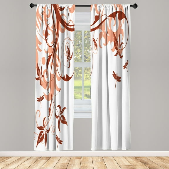 Ambesonne Dragonfly Curtains, Swirling Floral Damask, Pair of 28"x95", Cinnamon Peach
