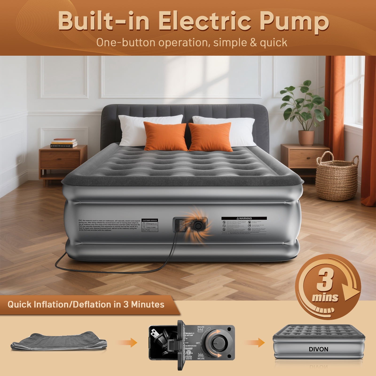Divon Full Air Mattress with Built-In Pump, 18-inch Elevated Inflatable Airbed, Portable Blow Up Bed for Guests, Game Night Sleepovers, Gray