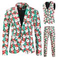 thumbnail image 2 of Traje navideño de 3 piezas para hombre, con estampado de copos de nieve y muñeco de nieve, traje informal de manga larga, chaqueta de un solo pecho, pantalones y chaleco, conjunto para Navidad, 2 of 5