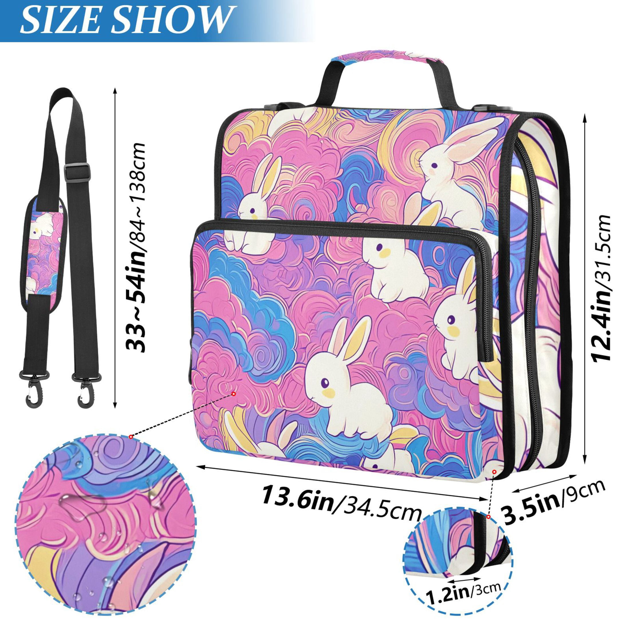 3 Ring Zipper Binder with Shoulder Strap Waterproof Trapper Keeper 2 Inch D-Ring 500 Sheets Capacity Colorful Cloud with Cute Bunnies