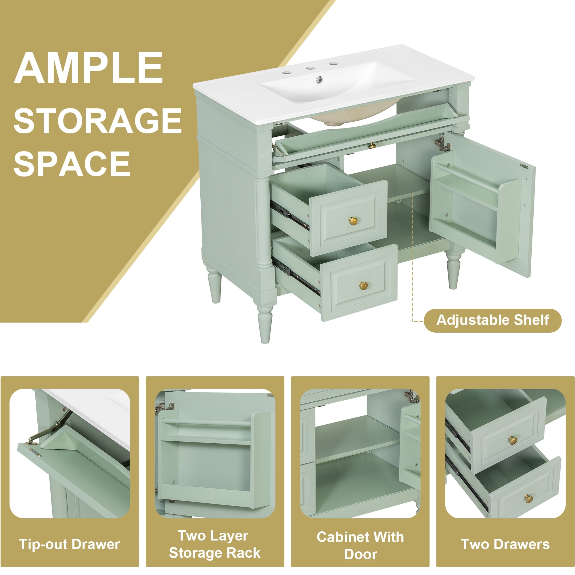 Alvantor 36" Bathroom Vanity with Ceramic Sink, Freestanding Storage Cabinet with Flip Drawers Green