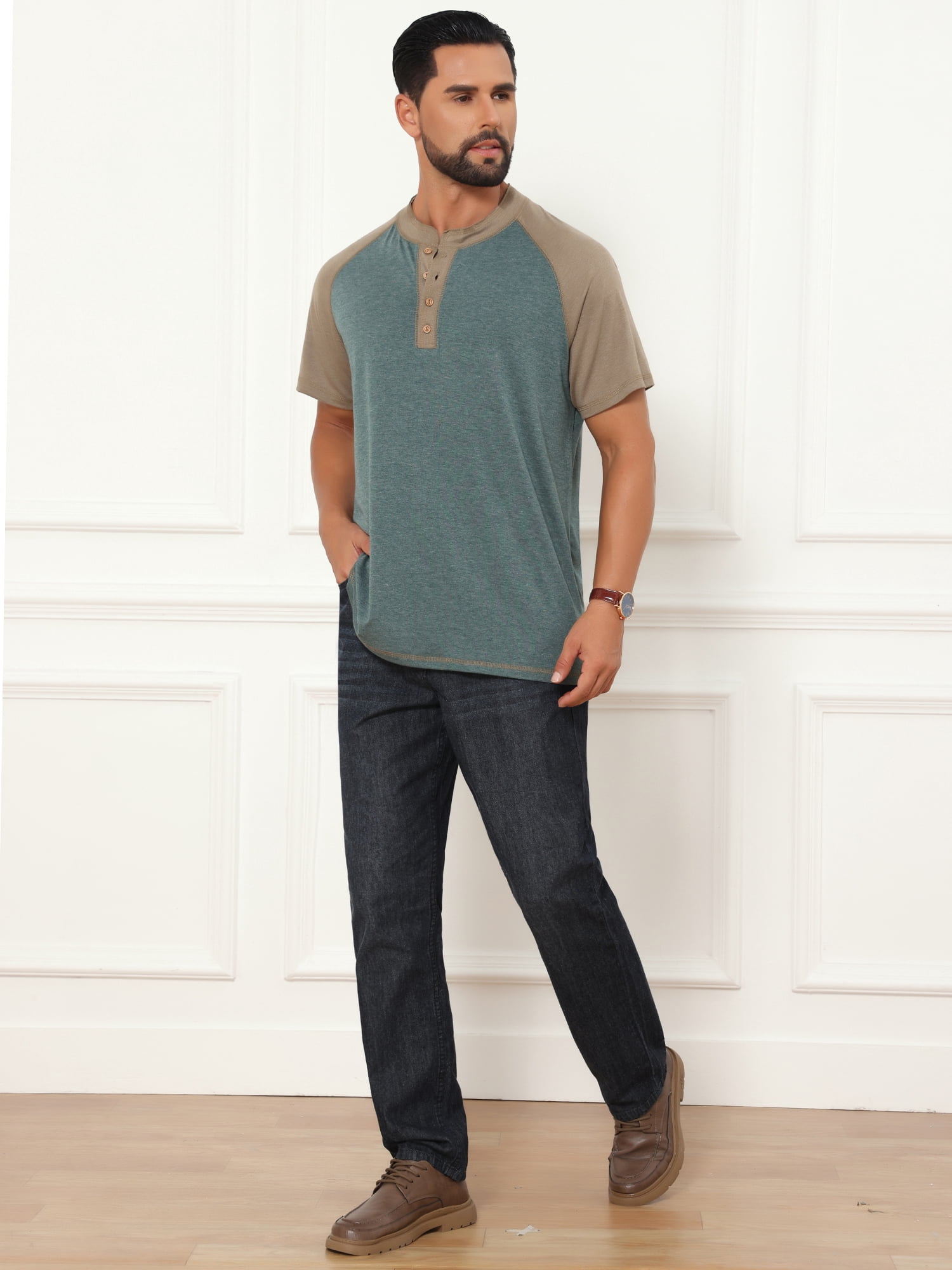 DARING DIVA Men's Raglan Henley Retro Short Sleeve Button Down T-Shirt S Green